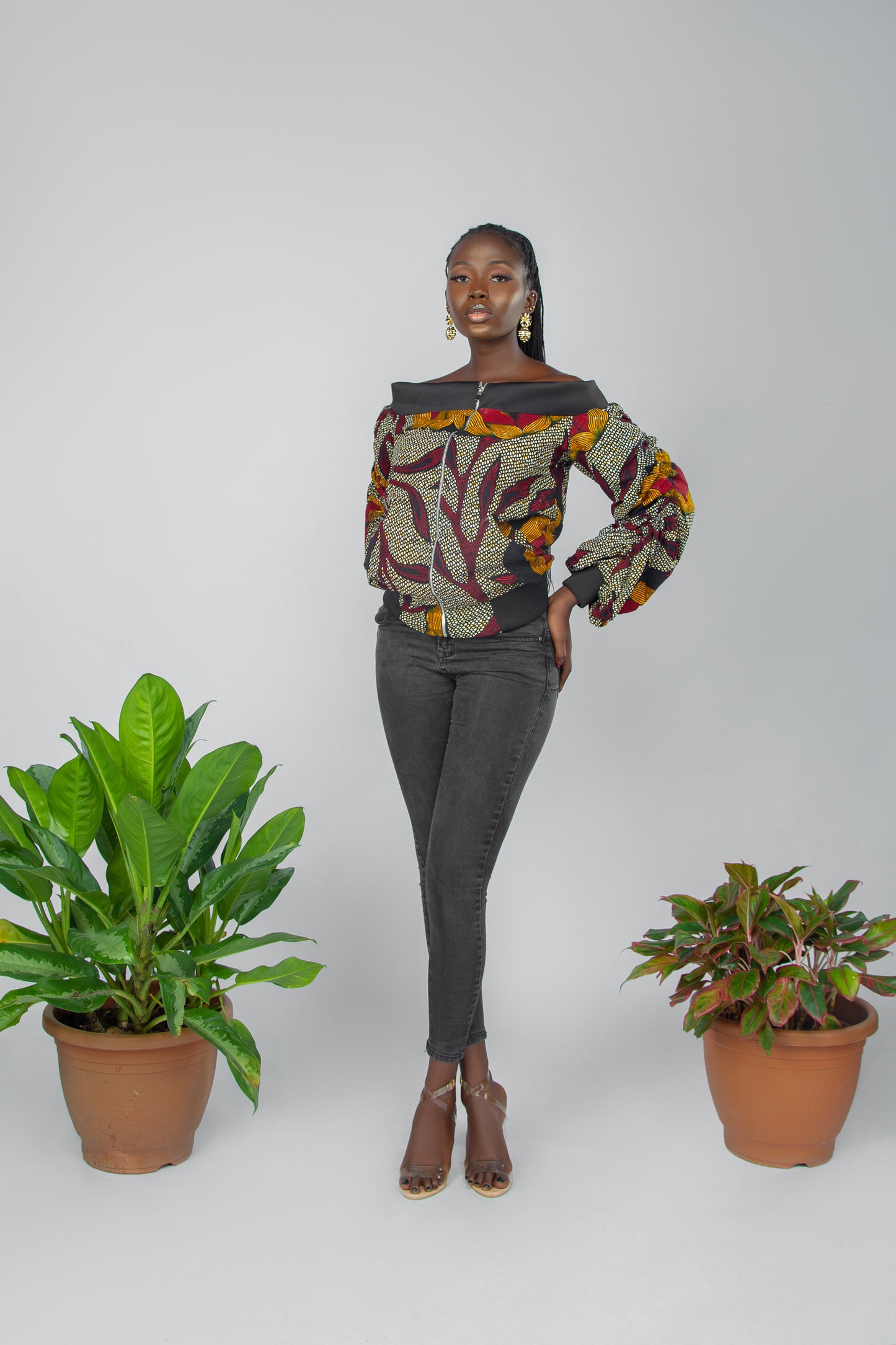 AGBANI African Print Off Shoulder Bomber Jacket