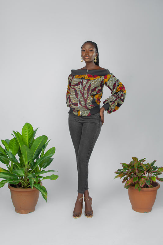 AGBANI African Print Off Shoulder Bomber Jacket