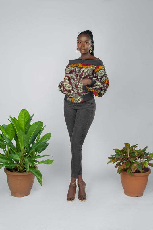 AGBANI African Print Off Shoulder Bomber Jacket