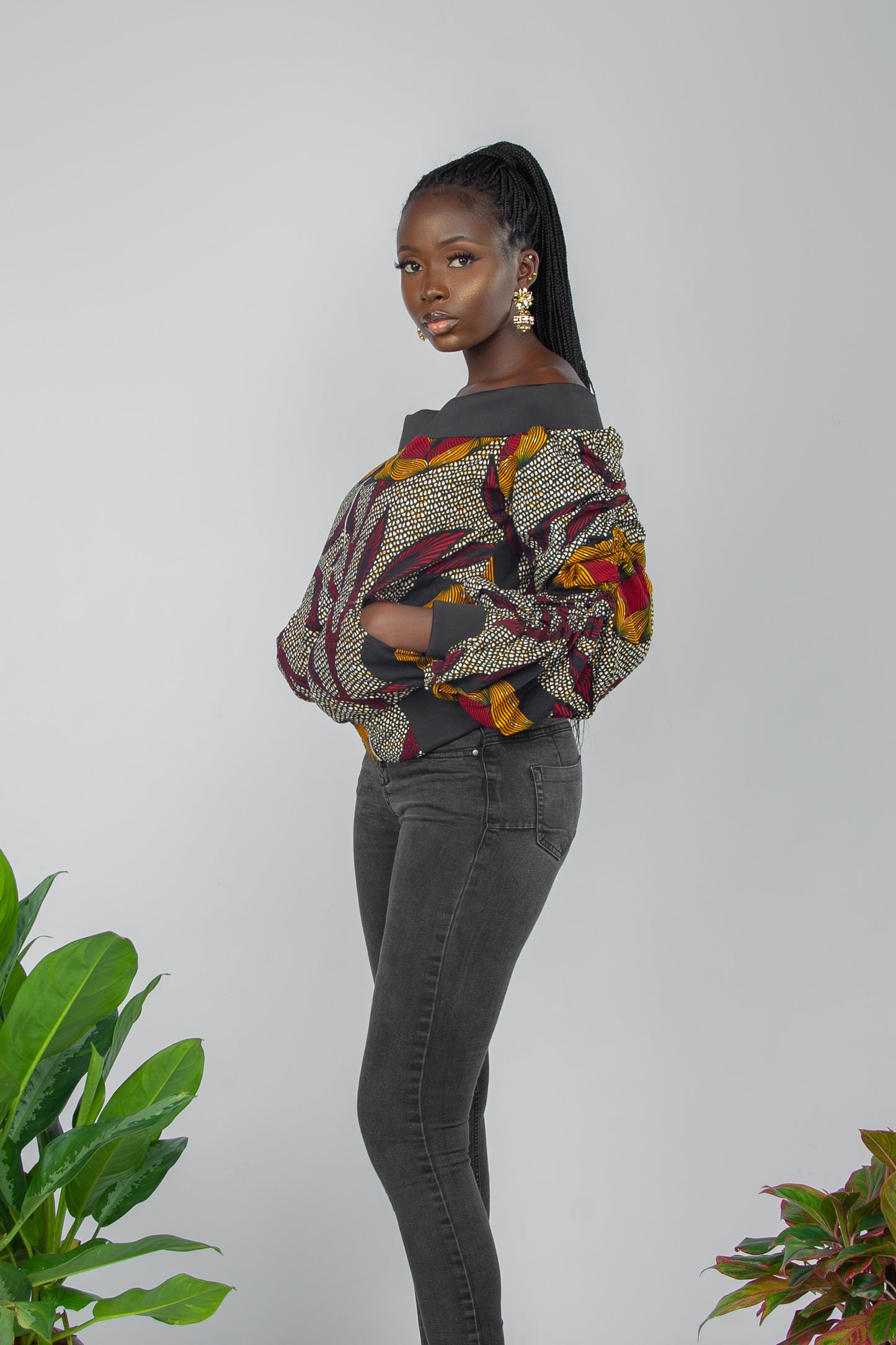 AGBANI African Print Off Shoulder Bomber Jacket